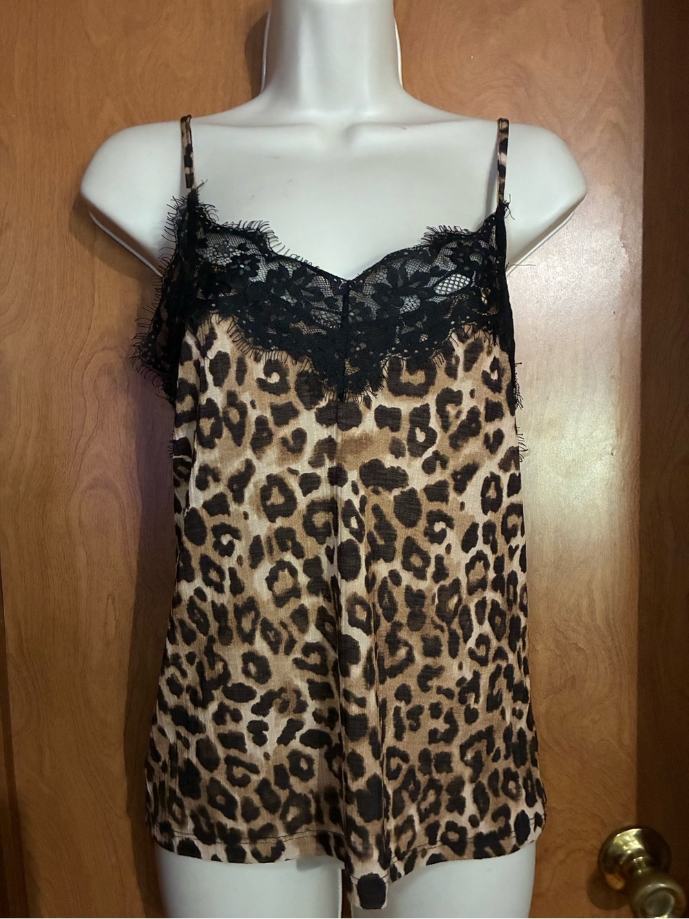 Zara Leopard Print Lace-Trim Slip Cami - Black & Brown Size Small